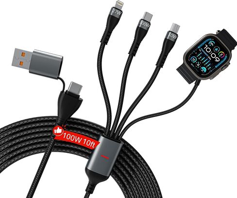 كابل شحن متعدد 100 وات 10 أقدام 4 في 1 لساعة أبل - سلك شاحن طويل سريع مجدول مع شاحن ساعة أبل المغناطيسي، USB-C، لايتنينج وميكرو USB لساعة أبل، آيفون، آيباد، أندرويد، الكمبيوتر اللوحي، الكمبيوتر المحمول in Kuwait
