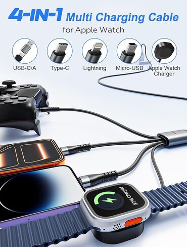 كابل شحن متعدد 100 وات 10 أقدام 4 في 1 لساعة أبل - سلك شاحن طويل سريع مجدول مع شاحن ساعة أبل المغناطيسي، USB-C، لايتنينج وميكرو USB لساعة أبل، آيفون، آيباد، أندرويد، الكمبيوتر اللوحي، الكمبيوتر المحمول in Kuwait
