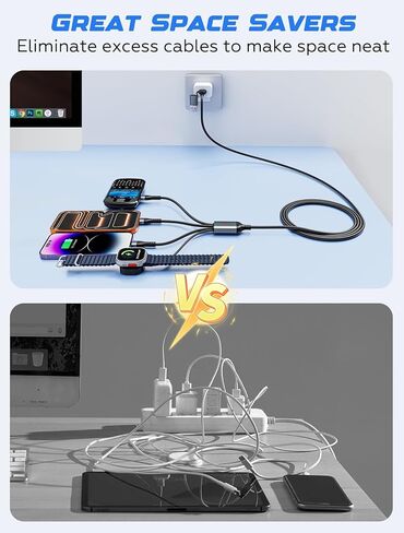 كابل شحن متعدد 100 وات 10 أقدام 4 في 1 لساعة أبل - سلك شاحن طويل سريع مجدول مع شاحن ساعة أبل المغناطيسي، USB-C، لايتنينج وميكرو USB لساعة أبل، آيفون، آيباد، أندرويد، الكمبيوتر اللوحي، الكمبيوتر المحمول in Kuwait