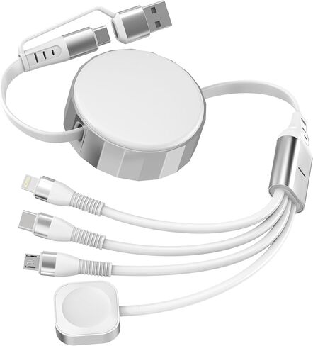 Retractable Apple Watch Charger - 100W 4 in 1 Retractable Charging Cable with USB-C, Lightning, Micro USB & Apple Watch Charger for iWatch/iPhone 17/16/15/14/13/12/Android/iPad/Tablet/Laptop, White in Saudi Arabia