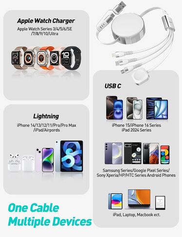 Retractable Apple Watch Charger - 100W 4 in 1 Retractable Charging Cable with USB-C, Lightning, Micro USB & Apple Watch Charger for iWatch/iPhone 17/16/15/14/13/12/Android/iPad/Tablet/Laptop, White in Saudi Arabia