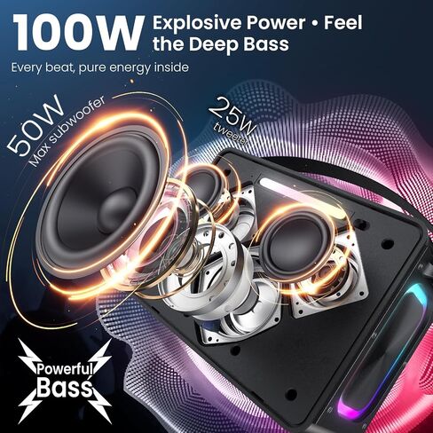 مكبر صوت بلوتوث 100 وات، مكبر صوت لاسلكي محمول بصوت عالٍ IPX6 مكبر صوت خارجي مقاوم للماء مع أضواء LED صوت ستيريو قوي وباس عميق وقت تشغيل 36 ساعة، صندوق EQ Boombox للحفلات والتخييم in Saudi Arabia