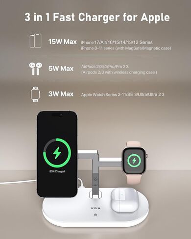 VBA 4 in 1 Wireless Charging Station for Apple MagSafe Charger,Fast Charging Magnetic Wireless Charger Stand with Night Light for iPhone 17 Air 16 15 14 13 12 Series,Apple Watch,AirPods Pro (White) in Saudi Arabia