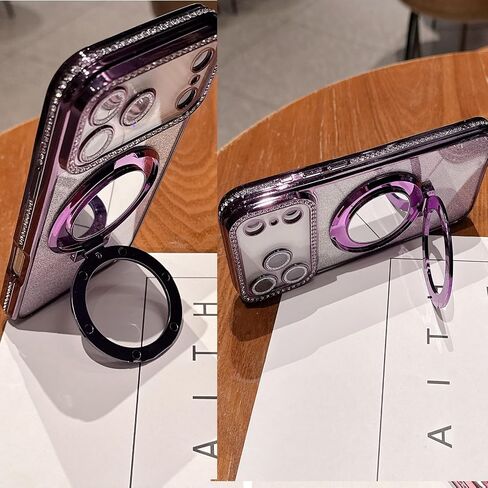 حافظة لامعة بمسند مغناطيسي لهاتف iPhone 17 Pro Max، [متوافقة مع Magsafe] لطيفة بأحجار الراين اللامعة مع واقي الكاميرا ومرآة مكياج للنساء والفتيات لهاتف iPhone 17 Pro Max، فضي in Kuwait