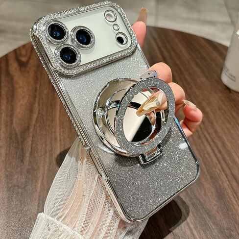 حافظة لامعة بمسند مغناطيسي لهاتف iPhone 17 Pro Max، [متوافقة مع Magsafe] لطيفة بأحجار الراين اللامعة مع واقي الكاميرا ومرآة مكياج للنساء والفتيات لهاتف iPhone 17 Pro Max، فضي in Kuwait