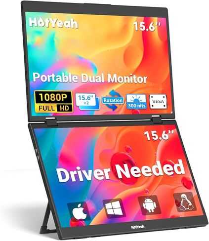 موسع شاشة كمبيوتر محمول ثلاثي من HotYeah، شاشة مزدوجة محمولة قابلة للطي مقاس 15.6 بوصة 1080 بكسل FHD IPS، شاشة كمبيوتر ممتدة للسفر USB C مع VESA، دوران 180 درجة، التوصيل والتشغيل لأجهزة الكمبيوتر المحمولة (Windows فقط) in Kuwait