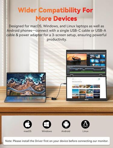 موسع شاشة كمبيوتر محمول ثلاثي من HotYeah، شاشة مزدوجة محمولة قابلة للطي مقاس 15.6 بوصة 1080 بكسل FHD IPS، شاشة كمبيوتر ممتدة للسفر USB C مع VESA، دوران 180 درجة، التوصيل والتشغيل لأجهزة الكمبيوتر المحمولة (Windows فقط) in Kuwait