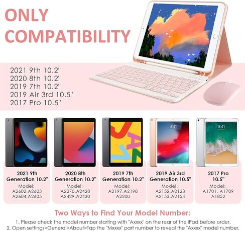 حافظة لوحة مفاتيح iPad 9th/8th/7th Generation مقاس 10.2 بوصة و10.5 بوصة مع ماوس، لجهاز iPad Pro 10.5 بوصة/iPad Air الجيل الثالث غطاء لوحة مفاتيح قابل للفصل مع ماوس وحامل قلم رصاص، وردي in Kuwait