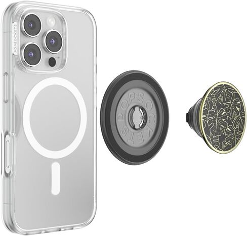 مقبض هاتف PopSockets لـ MagSafe مع مسند، حامل مغناطيسي، جزء علوي قابل للتبديل، تثبيت آمن لحافظات iPhone MagSafe، قبضة الهاتف والكمبيوتر اللوحي - مينا Monstera باللون الأسود in Kuwait