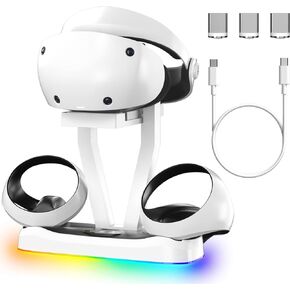 محطة شحن BDFFLY للبلاي ستيشن VR2، قاعدة شحن عمودية مع دعم ضوء RGB للتنفس لحامل عرض PSVR2 لحامل PS VR2 مع 4 محولات مغناطيسية من النوع C لوحدة التحكم بالحواس in Kuwait