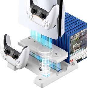 PS5 Slim Stand and Cooling Station, PS5 Slim Stand with Controller Charger for 2020 PS5 or 2023 PS5 Slim, Compatible with PS5 Disc or Digital Version, 3 Levels Cooling Fans, 11 Game Slots - White