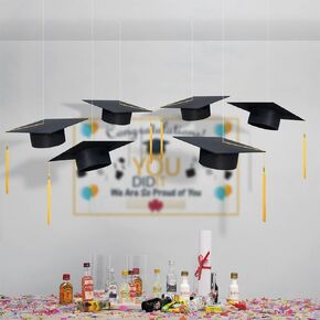 6 Pcs Hanging Graduation Caps Decorations, Floating Graduation Hats Class of 2024 Black with Gold Tassel High School College Kindergarten Grad Decor Indoor Outdoor Yard Congrats Party Supplies Favors