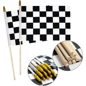 2 Pcs Small Checkered Flags Black and White Racing Flag 8x12 Inch Handheld Racing Flags Upgraded High-density Flag with Wooden Stick, Kid Safe Spear Top Design, Children's Party Decorations