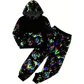 RoseSeek Boy's 2 Piece Reflective Splash Ink Print Long Sleeve Hoodie Sweatshirts and Sweatpants Set