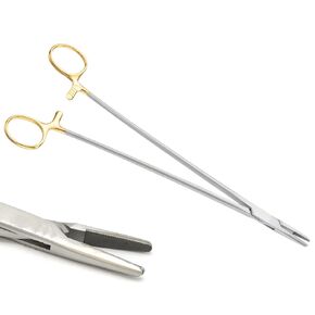 VISION TEK MED 12 Inch TC Mayo Hegar Needle Holder Driver with Tungsten Carbide Inserts and Gold Rings Premium Grade Instrument