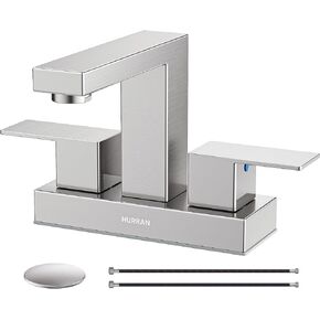 Matte Black Bathroom Sink Faucet, Hurran 4 inch Bathroom Faucets for Sink 3 Hole with Pop-up Drain and Supply Lines, Stainless Steel 2-Handle Faucet for Bathroom Sink Vanity RV Restroom