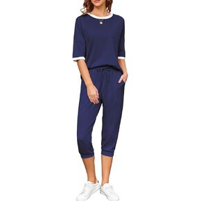 Cakulo Summer Outfits for Women Two Piece Set Short Sleeve T Shirts Jogger Capri Pants Matching Sweatsuit Athleisure Set