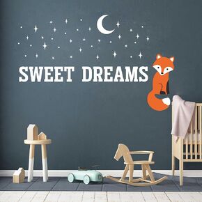 Fox with Moon and Star Wall Sticker, Sweet Dreams Wall Decals Adventure Decor for Child's Bedroom, Nursery Wall Stickers, Vinyl Wall Art for Kids A4 (White,Orange)