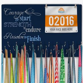 Hooked On Medals and Bibs | Medal Hanger and Bib Display by Gone For a Run | Courage, Strength, Resolve
