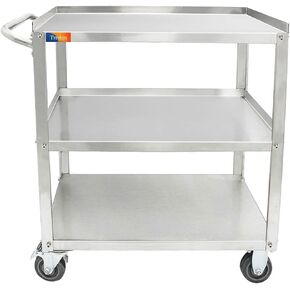 3 Tier Stainless Steel Utility Cart Commercial Heavy Duty Rolling Cart Food Storage Service Trolley with Handle and Wheels for Kitchen Restaurant Hospita Lab and Hotel 16.5"W x 27.6"L x 31.9"H