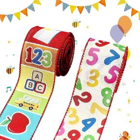 Threetols 2 Rolls 10 Yards Back to School Wired Edge Ribbon, 2.5inch Colorful Number Burlap Ribbon, Apple Book Gift Wrapping Ribbon for First Day of School Party DIY Craft Teacher Wreaths Bow Decor in Kuwait