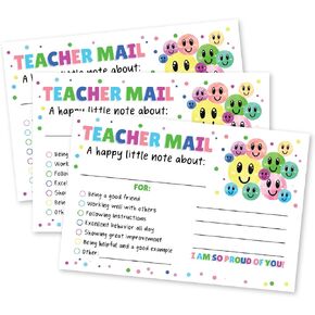50 Smiley Face Happy Mail Teacher Notes to Parents- Classroom Good Behavior Incentive Motivational Cards to Send Home - Preschool, Kindergarten, Elementary School- Made in The USA