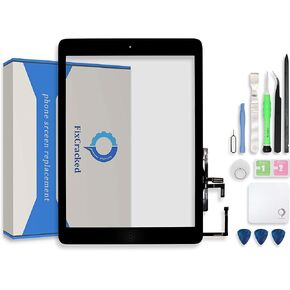 FixCracked for iPad Air 1st (A1474 A1475 A1476) Touch Screen Replacement Parts Digitizer Glass Assembly with WiFi Antenna Cable ，Home Button, Pre Installed Adhesive and Professional Tool kit (Black)