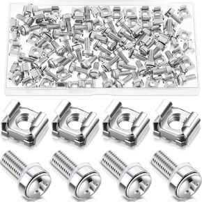 M6 x 20 mm Rack Mount Cage Nuts, Screws and Washers for Rack Mount Server Cabinet Stainless Steel Silver Mounting Screws and Square Insert Nuts for Server Mounting Routers Shelves (50 Sets)