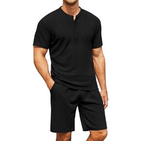 hawalili Men's 2 Piece Outfits Henley Shirt Short Sets Short Sleeve Waffle Stretch Summer Beach Casual Suit