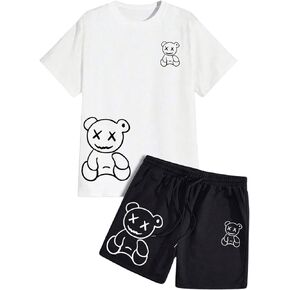 GORGLITTER Men's 2 Piece Outfits Bear Letter Print Graphic Tee and Drawstring Waist Track Shorts Set