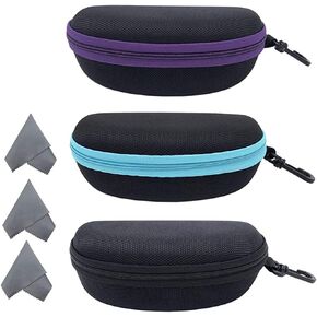 A 3 Pack Sunglasses Case Portable Travel Zipper Eyeglasses Case Hook With Cleaning Cloth