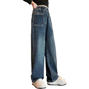SEAUR Girls Baggy Straight Wide Leg Ripped Jeans Kids Fashion Elastic High Waist Denim Pants