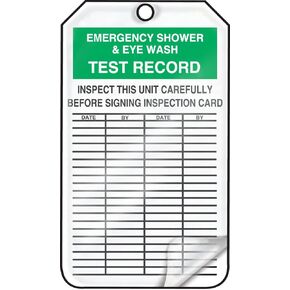 Accuform MGT207PTP Inspection Record Tag, Legend "Emergency Shower & Eye WASH Test Record", 5.75" Length x 3.25" Width x 0.015" Thickness, RP-Plastic, Green/Black on White (Pack of 25)