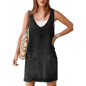 BerryGo Women's Denim V Neck Sleeveless Overall Dress Casual Mini Pinafore Dress Short Jumper Jeans Dress with Pocket