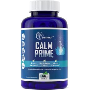 مكمل ZenNutri Calm Prime لتخفيف التوتر لا يسبب النعاس | ملحق دعم المزاج | تعزيز المزاج | مكملات غذائية نباتية أثناء النهار تساعد على الهدوء | فيتامينات الإجهاد - أشواغاندا، جذر فاليريان - 60 قطعة