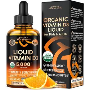 USDA Organic Vitamin D3 Liquid - 5000 iu Vitamin D Drops - Made in USA Supplements - For Kids & Adults, Pregnancy & Children Safe - Immune System, Mood, Bone Health & Muscle Support - 2 Month Supply in Saudi Arabia