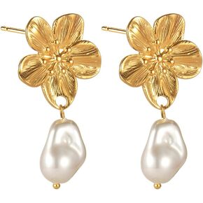 Kokoma Bohemian Gold Flower Earrings for Women Girls Stainless Steel Baroque Pearls Dangle Drop Stud Earrings 14K Gold Plated Elegant Ear Jewelry for Mothers Day