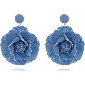 Denim Camellia Flower Drop Dangle Statement Earrings for Women Girls Fabric Blue Floral Dangling Charm Earring Boho Jewelry Gifts