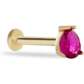 Pear Stud Labret Cartilage Piercing Earring With Red Zircon - 14K Solid Yellow Gold - For Helix Tragus Lobe Conch Flat & Other Body Piercing BY KORAL JEWELRY