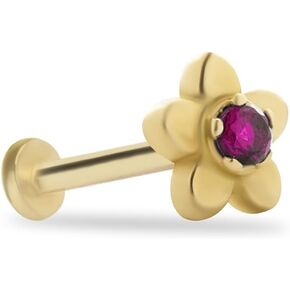 generic Flower Stud Labret Cartilage Piercing Earring With Red Zircon - 14K Solid Yellow Gold - For Helix Tragus Lobe Conch Flat & Other Body Piercing BY KORAL JEWELRY