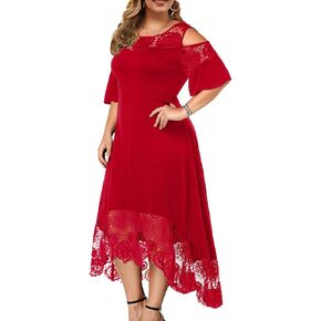 ODIZLI Women's Plus Size Short Sleeve Off-Shoulder Floral Lace Irregular Hemline Ruffle Midi Dress Party Dress in Kuwait