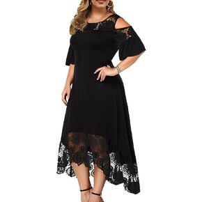 ODIZLI Women's Plus Size Short Sleeve Off-Shoulder Floral Lace Irregular Hemline Ruffle Midi Dress Party Dress