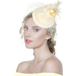 Kidukso Vintage Bridal Mesh Veil Fascinators Hat Plush Feather Headdress for Women Wedding Tea Party Hair Clips Hat