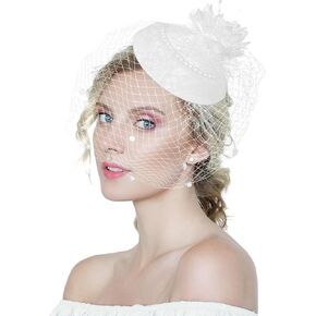 Kidukso Vintage Bridal Mesh Veil Fascinators Hat Plush Feather Headdress for Women Wedding Tea Party Hair Clips Hat