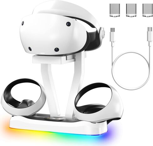 محطة شحن BDFFLY للبلاي ستيشن VR2، قاعدة شحن عمودية مع دعم ضوء RGB للتنفس لحامل عرض PSVR2 لحامل PS VR2 مع 4 محولات مغناطيسية من النوع C لوحدة التحكم بالحواس in Kuwait