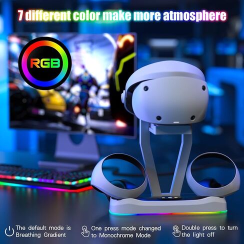 محطة شحن BDFFLY للبلاي ستيشن VR2، قاعدة شحن عمودية مع دعم ضوء RGB للتنفس لحامل عرض PSVR2 لحامل PS VR2 مع 4 محولات مغناطيسية من النوع C لوحدة التحكم بالحواس in Kuwait