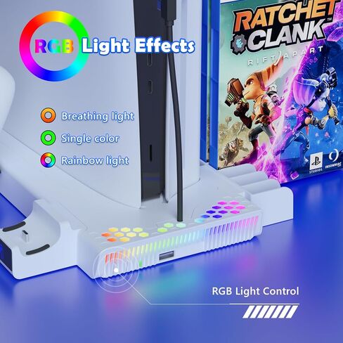 حامل رأسي RGB مع محطة تبريد لوحدة تحكم PS5 Slim وPS5، وشاحن مروحة تبريد الإصدار الرقمي من أقراص Playstation 5 Slim، وقاعدة شحن وحدة التحكم، وحامل سماعة الرأس، وتخزين الألعاب in Kuwait