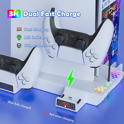 حامل رأسي RGB مع محطة تبريد لوحدة تحكم PS5 Slim وPS5، وشاحن مروحة تبريد الإصدار الرقمي من أقراص Playstation 5 Slim، وقاعدة شحن وحدة التحكم، وحامل سماعة الرأس، وتخزين الألعاب in Kuwait