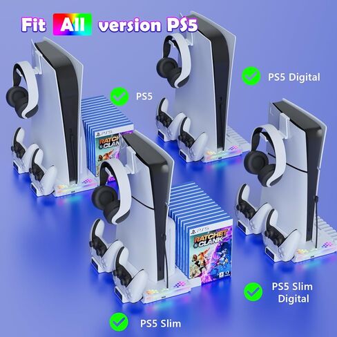 حامل رأسي RGB مع محطة تبريد لوحدة تحكم PS5 Slim وPS5، وشاحن مروحة تبريد الإصدار الرقمي من أقراص Playstation 5 Slim، وقاعدة شحن وحدة التحكم، وحامل سماعة الرأس، وتخزين الألعاب in Kuwait