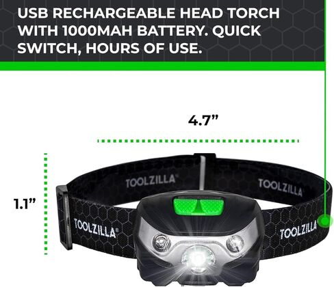 مصباح رأس LED قابل للتعديل من TOOLZILLA، قابل لإعادة الشحن عبر USB، مقاوم للطقس، 500 لومن، وقت تشغيل 30 ساعة in Kuwait
